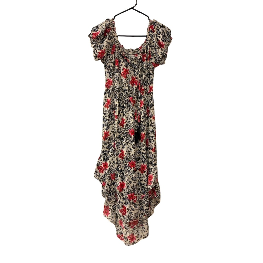 Myra Bag Women's Cream Floral Print Off Shoulder Dress Hi Lo Size L Boho Tassel